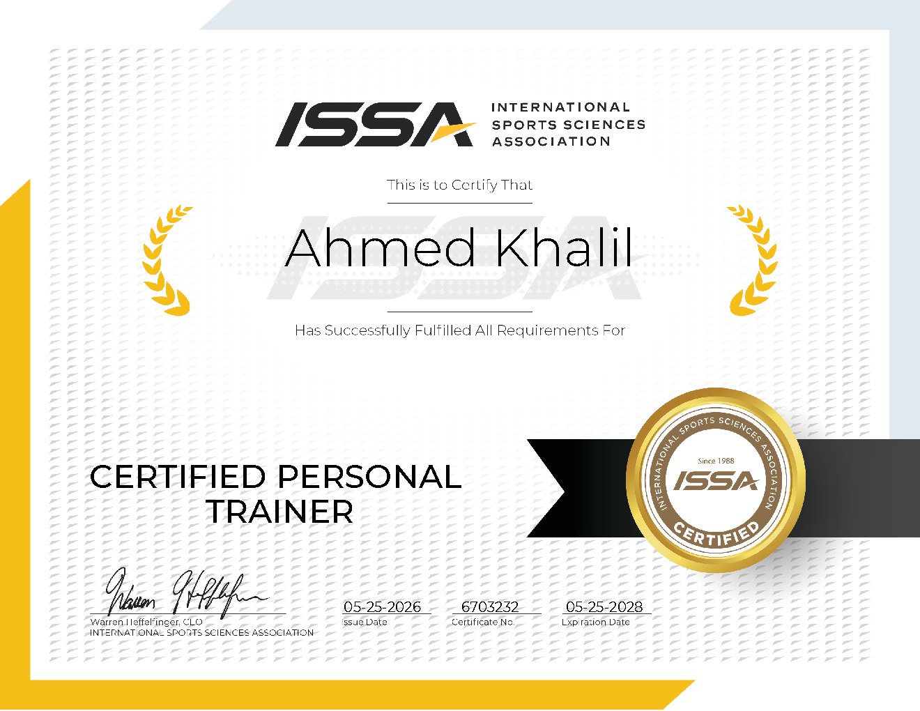 ISSA Certified Personal Trainer certificate awarded to Ahmed Khalil