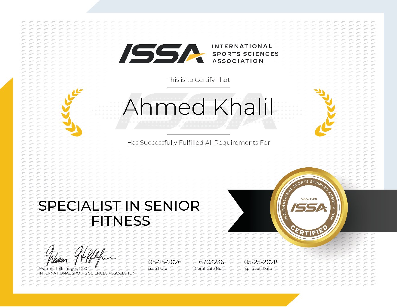 ISSA Specialist in Senior Fitness certificate awarded to Ahmed Khalil